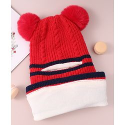 Babyhug Pom Pom Monkey Cap with Cable Knit Design - Red