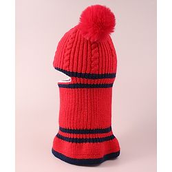 Babyhug Pom Pom Monkey Cap with Cable Knit Design - Red