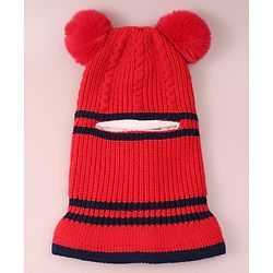 Babyhug Pom Pom Monkey Cap with Cable Knit Design - Red
