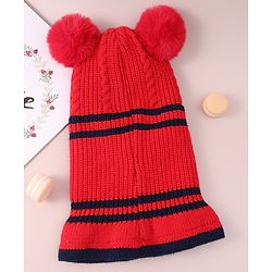 Babyhug Pom Pom Monkey Cap with Cable Knit Design - Red