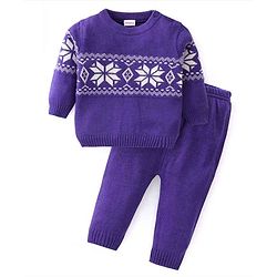 Babyhug Knit Full Sleeves Sweater Set With Floral Design - Purple