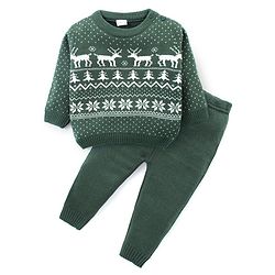 Babyhug Knit Full Sleeves Sweater Set With Reindeer Design - Green