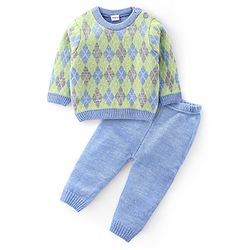 Babyhug Knit Full Sleeves Sweater Set with Argyle Design - Light Blue