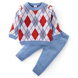 Babyhug Knit Full Sleeves Sweater Set with Argyle Design - Blue