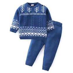 Babyhug Knit Full Sleeves Sweater Set With Cable Knit & Chevron Design - Blue