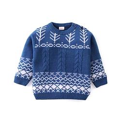 Babyhug Knit Full Sleeves Sweater Set With Cable Knit & Chevron Design - Blue