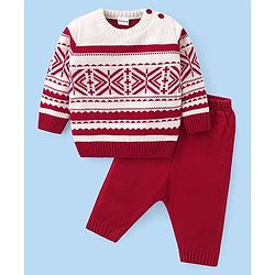 Babyhug Knitted Full Sleeves Pullover   Sweater Set with Aztec Design - Red