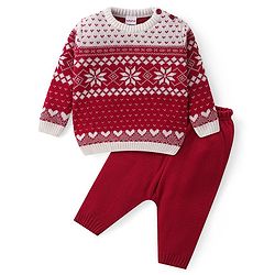 Babyhug Knitted Full Sleeves Pullover   Sweater Set with Intarsia Design - Red