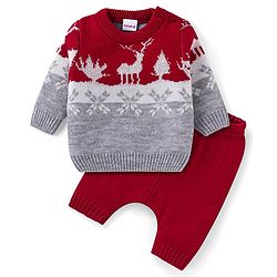Babyhug Knitted Full Sleeves Christmas Theme Printed Sweater Set - Dark Red & Grey