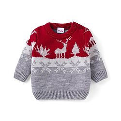 Babyhug Knitted Full Sleeves Christmas Theme Printed Sweater Set - Dark Red & Grey