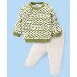 Babyhug Knitted Full Sleeves Sweater Set With Chevron Design - Off White & Green