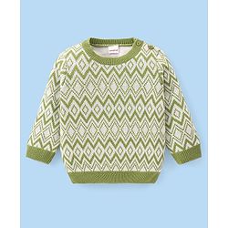 Babyhug Knitted Full Sleeves Sweater Set With Chevron Design - Off White & Green