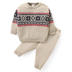 Babyhug Knit Full Sleeves Sweater Set Aztec Design - Beige
