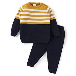 Babyhug Knitted Full Sleeves Pullover Sweater Set with Stripes & Colour Block Design - Mustard