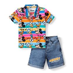 Babyhug Disney Single Jersey Knit Half Sleeve T-Shirt and Denim Shorts with Mickey Mouse Graphics- Multicolor