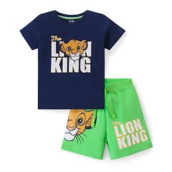 Babyhug Disney Cotton Knit Half Sleeves T-Shirt & Shorts Set With The Lion King Graphics - Navy & Green