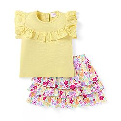 Babyhug Single Jersey Knit Frill Sleeves Solid Colour Top & Floral Printed Layered Skirt - Yellow