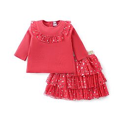 Babyhug Cotton Knit Full Sleeves Top & Layered Skirt Set With Hearts Print - Red