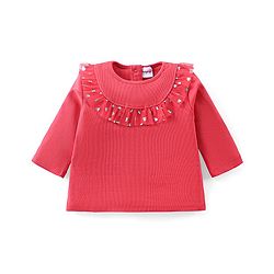 Babyhug Cotton Knit Full Sleeves Top & Layered Skirt Set With Hearts Print - Red