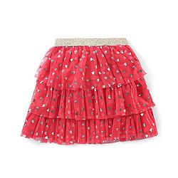Babyhug Cotton Knit Full Sleeves Top & Layered Skirt Set With Hearts Print - Red