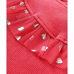 Babyhug Cotton Knit Full Sleeves Top & Layered Skirt Set With Hearts Print - Red