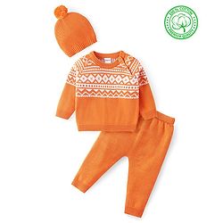 Babyhug Cotton Knit Full Raglan Sleeves Sweater Set with Cap Aztec Design - Orange & White