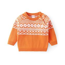 Babyhug Cotton Knit Full Raglan Sleeves Sweater Set with Cap Aztec Design - Orange & White