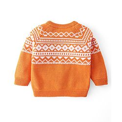 Babyhug Cotton Knit Full Raglan Sleeves Sweater Set with Cap Aztec Design - Orange & White
