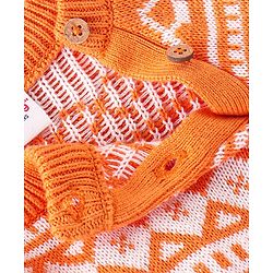 Babyhug Cotton Knit Full Raglan Sleeves Sweater Set with Cap Aztec Design - Orange & White