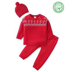 Babyhug Knitted Full Raglan  Sleeves Pullover Sweater Set with Cap &  Christmas Tree Design - Red
