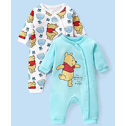 Babyhug Disney Interlock Knit Full Sleeves Sleep Suits With Winnie The Pooh Graphics Pack Of 2 - White & Blue