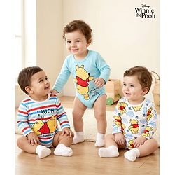 Babyhug Disney Interlock Knit Full Sleeves Striped & Winnie The Pooh Graphics Onesies Pack of 3 - Light Blue & White