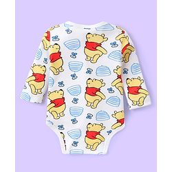 Babyhug Disney Interlock Knit Full Sleeves Striped & Winnie The Pooh Graphics Onesies Pack of 3 - Light Blue & White