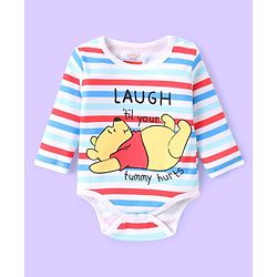 Babyhug Disney Interlock Knit Full Sleeves Striped & Winnie The Pooh Graphics Onesies Pack of 3 - Light Blue & White