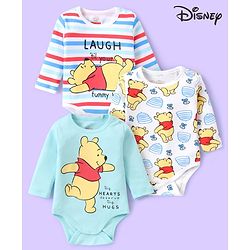 Babyhug Disney Interlock Knit Full Sleeves Striped & Winnie The Pooh Graphics Onesies Pack of 3 - Light Blue & White