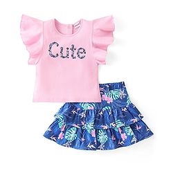 Babyhug Cotton Knit Flutter Sleeves Floral Printed Top & Skirt Set - Pink & Blue