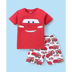 Babyhug Disney Cotton Half Sleeves Night Suit With Lightening McQueen Print - Red