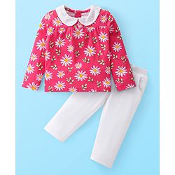 Babyhug Single Jersey Knit Full Sleeves Floral Printed Top & Leggings Set - Red & White