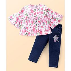 Babyhug Cotton Knit Half Sleeves Top & Denim Jeans Set With Floral Print & Embroidery - White & Blue