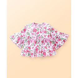 Babyhug Cotton Knit Half Sleeves Top & Denim Jeans Set With Floral Print & Embroidery - White & Blue