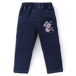 Babyhug Cotton Knit Half Sleeves Top & Denim Jeans Set With Floral Print & Embroidery - White & Blue