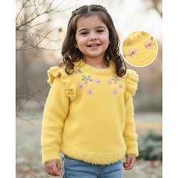 Babyhug Knitted Full Sleeves Extra Soft Hairy Eyelash Yarn Pullover Sweater With Floral Embroidery & Frill Detailing - Yellow