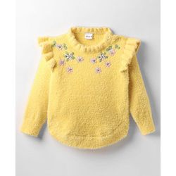Babyhug Knitted Full Sleeves Extra Soft Hairy Eyelash Yarn Pullover Sweater With Floral Embroidery & Frill Detailing - Yellow