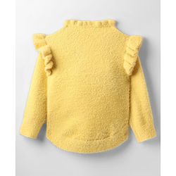 Babyhug Knitted Full Sleeves Extra Soft Hairy Eyelash Yarn Pullover Sweater With Floral Embroidery & Frill Detailing - Yellow
