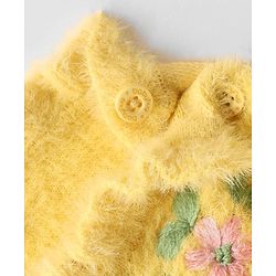 Babyhug Knitted Full Sleeves Extra Soft Hairy Eyelash Yarn Pullover Sweater With Floral Embroidery & Frill Detailing - Yellow
