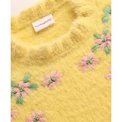 Babyhug Knitted Full Sleeves Extra Soft Hairy Eyelash Yarn Pullover Sweater With Floral Embroidery & Frill Detailing - Yellow