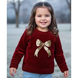 Babyhug Knitted Full Sleeves Soft Chenille Yarn Pullover Sweater With Sequin Detailing - Maroon