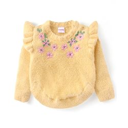 Babyhug Knitted Full Sleeves Pullover Sweater with Floral Design - Yellow