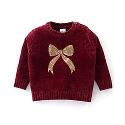 Babyhug Knitted Full Sleeves Pullover Sweater With Bow Design & Sequined - Maroon