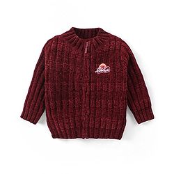 Babyhug Knitted Full Sleeves Front Open Sweater with Text Embroidery - Maroon
